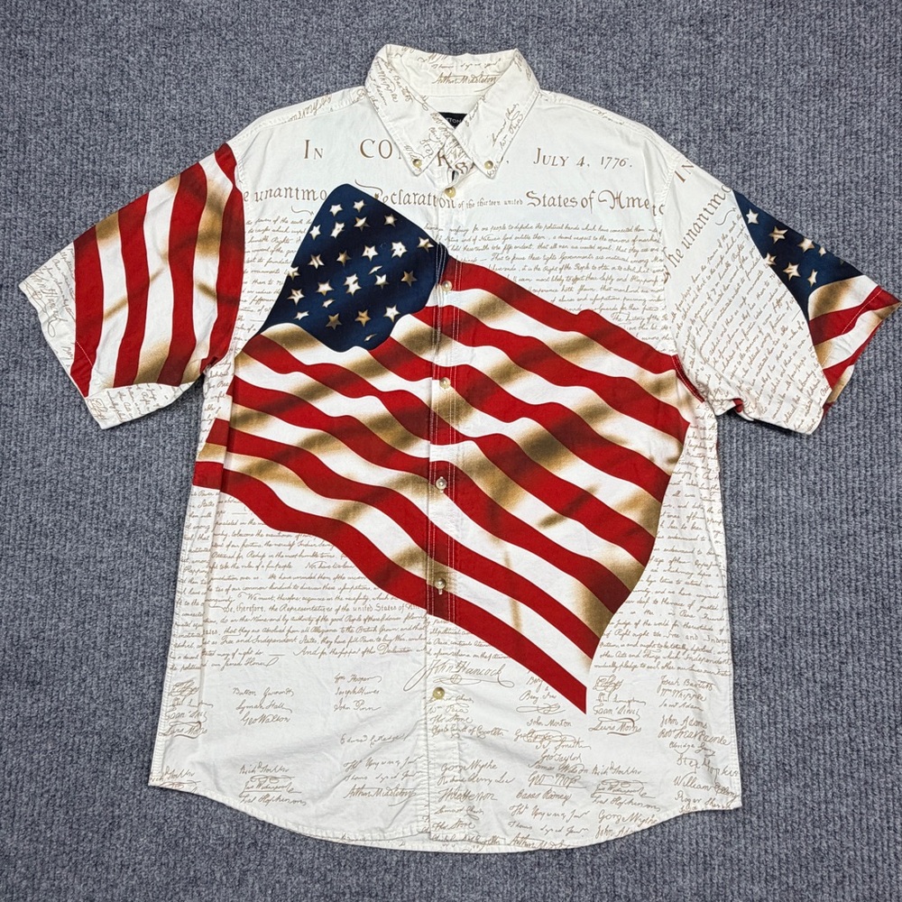 Patriotic American Flag Declaration of Independence Button Up Shirt Men’s Size L